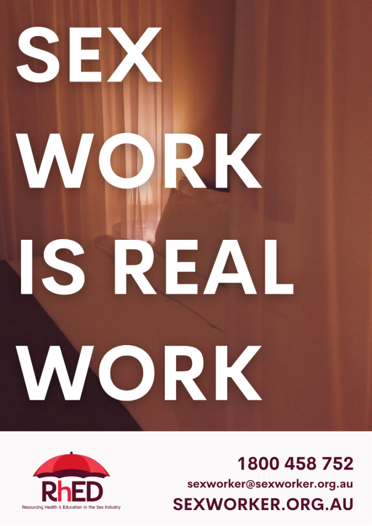 RhED sex work is work poster featuring bed