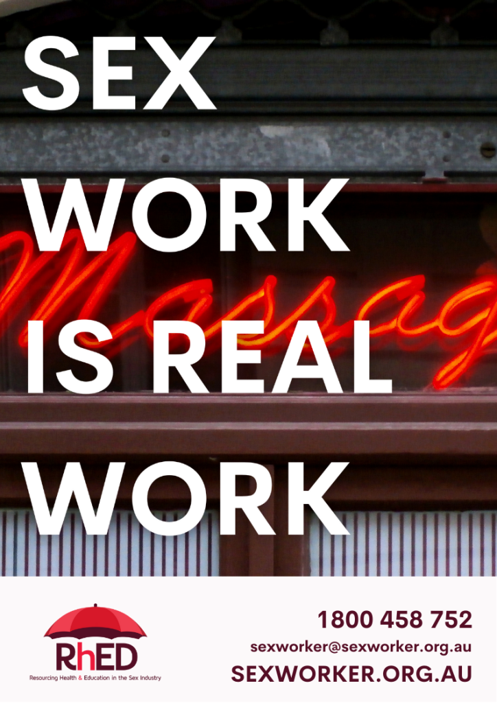 RhED sex work is work poster featuring neon sign