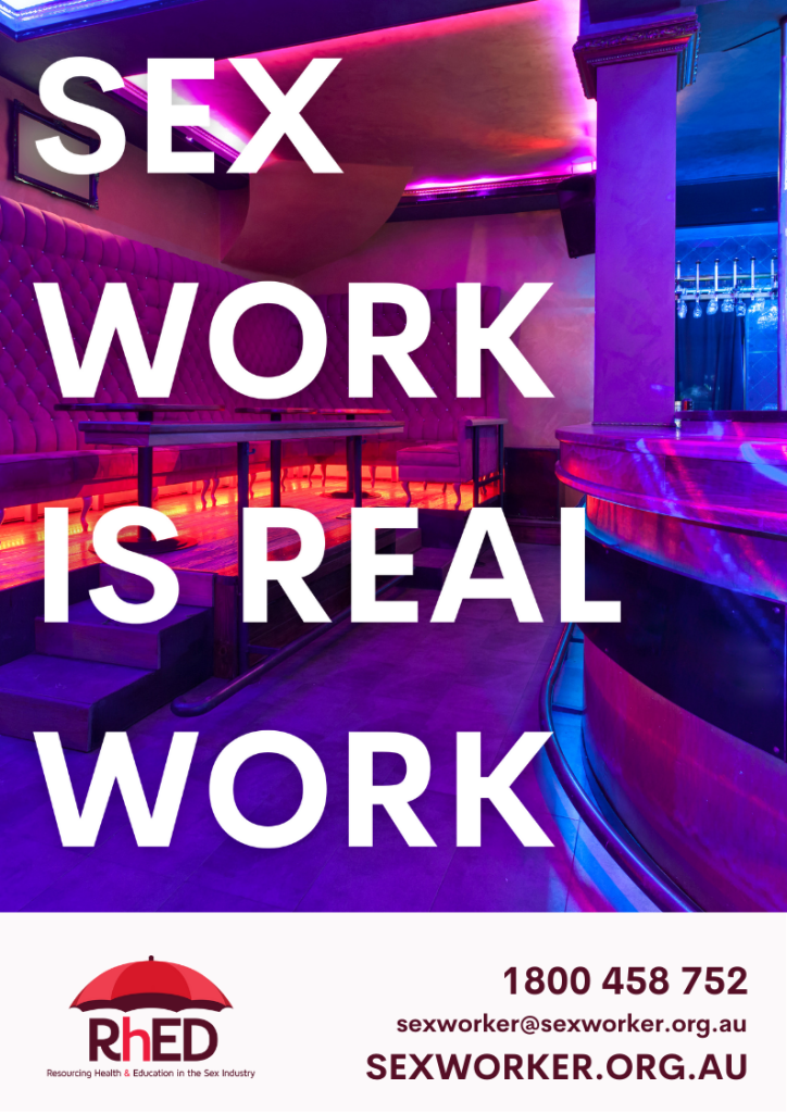 RhED sex work is work poster featuring club interior