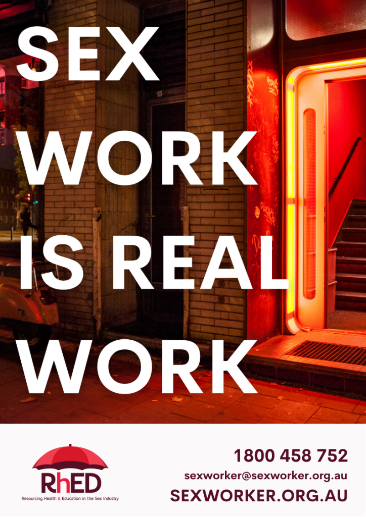 RhED sex work is work poster featuring doorway illuminated by red lights